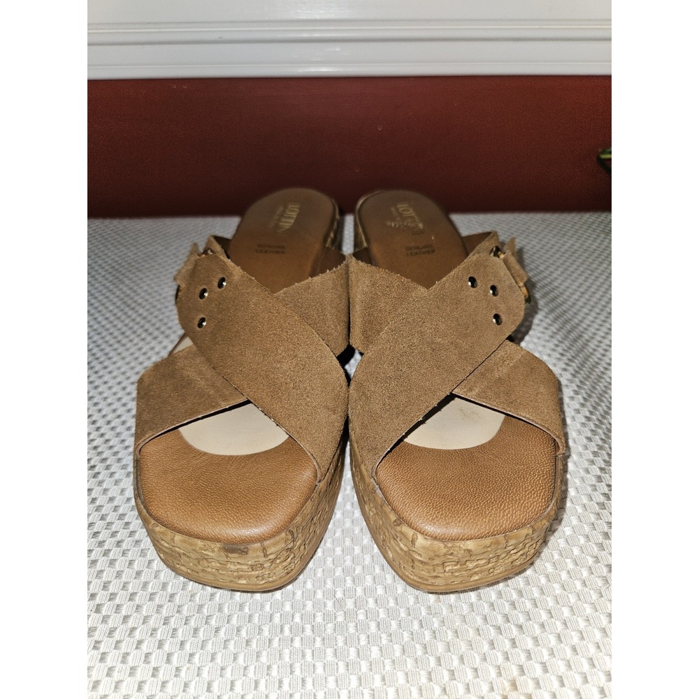 LOTTINI Suede Cross Band Wedge Womens Sandal Cuoio Gold Buckle Size 6.5(US)